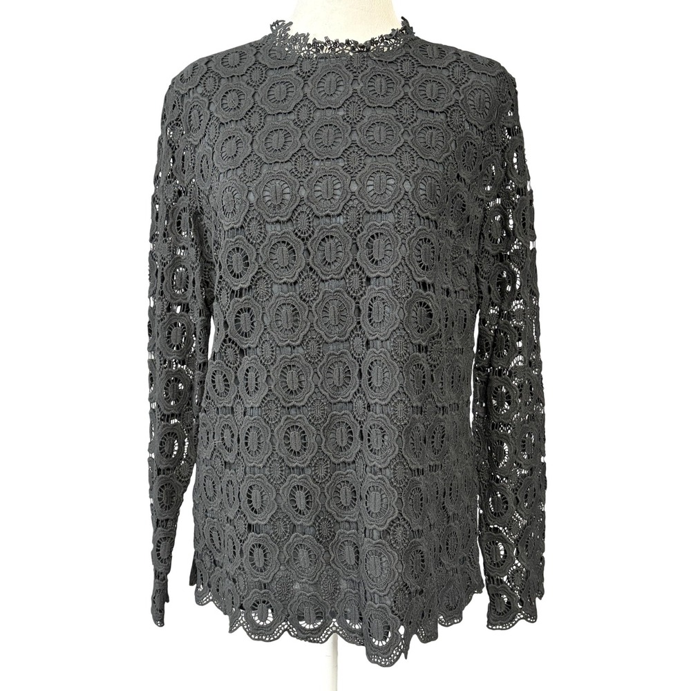 J. McLaughlin Charcoal Gray Crochet Lace Long-Sleeve Blouse